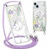 Yirlbey Cordino Cover per iPhone 15 6,1'', Aesthetic Viola Fiori Butterfly Motivo Disegno Magnetica Trasparente PC Compatibile con MagSafe Case Corda Laccio Antiurto Protettiva Custodia per Ragazze