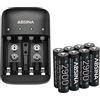 ABSINA Caricabatterie pile ricaricabili AA AAA e 9V + 8x AA 2900 | Caricabatterie NiMH 4 Slot per batterie ricaricabili - Carica pile AAA, AA e 9V