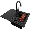 PRIMAGRAN Lavandino da Cucina Tutto Nero 62x50cm, Lavello in Granito a 1 vasca + Rubinetto 32x20cm + Set di accessori, Lavabo da Cucina Incasso al Mobile 40cm - Milano S042