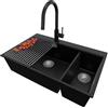 PRIMAGRAN Lavandino da Cucina Nero 78x50cm, Lavello in Granito a 2 vasche + Rubinetto 40x20cm + Set di accessori, Lavabo da Cucina Incasso al Mobile 80cm - Oslo Duo Top S045