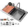 KOOGIMDDR Grigio 1 lavello da cucina con cascata, 75 x 45 cm, rubinetto a cascata a LED, tagliere scorrevole e lavastoviglie ad alta pressione, compatto e multifunzionale