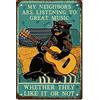 CREATCABIN Gatto Chitarra Metallo Targa In Metallo Rock Music Iron Sign Poster Retro Vintage Impermeabile My Neighbors Are Listening To Great Music For Wall House Home Cafe Bar Pub Gift Plaque 20x30cm