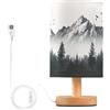 Ttgoth Lampada da comodino da montagna per camera da letto, piccola lampada da comodino a LED, con porte USB e paralume in tessuto, per soggiorno, dormitorio, casa, ufficio