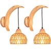 iDEGU 2 Pezzi Applique da Parete Interno in Legno e Rattan, E27 Illuminazione da Parete Retrò Stile Boho Luce Sospensione Disegno Luna Lampada da Parete Vintage per Camera da Letto Soggiorno (Marrone)