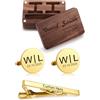 Munkimix Set di Gemelli e Fermacravatta con Iniziali Personalizzate con Scatola di Legno Incisa Set di Gemelli da Matrimonio in Argento/Oro Personalizzati per Marito Testimone Padre -C2