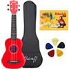 ffalstaff kit ukulele soprano satinato con corpo da 21 linea superior con borsa, metodo rapido l'ukulele ora e 5 plettri omaggio (Rosso)