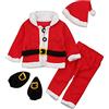 Kiduoua Costumi di Babbo Natale Pagliaccetto Natale Bambino 4 Pezzi Top con Pantaloni e Cappello e Calzini Vestito Natalizio Completo Bambino Neonato Babbo Natalizi 4 Pezzi