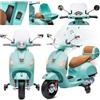 sun baby Moto elettrica per bambini Vespa, Motocicletta con ruote e sedile in plastica, bagagliaio, lettore MP3, presa AUX USD MicroSD (Turchese)