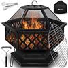 tillvex Braciere Esagonale in Acciaio Laccato Nero | Braciere Esterno per il Giardino | 4 in 1 BBQ Grill con Coperchio, Attizzatoio, Pinze e Griglia a Carbone