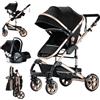 Doraystar Passeggino 3 in 1, Passeggino Trio con Due Modalità di Spinta Reversibile, Trio Passeggino Neonati con Design Pieghevole in Un Clic, Trio Neonato con Grande Nacelle Comoda (739 Black Gold)