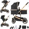 Shineey Passeggino trio,Carrellino per Bebè città 22kg con sedili,Passeggino pieghevole con vista alta,Buggy combinato pneumatici in gomma e vagone per bebè in alluminio (H9BLACK, H9)