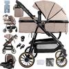 Prokoke Passeggino Trio, Passeggino 3 in 1 con Design Pieghevole in Un Clic, Trio Passeggini Neonati Due Modi Reversibili per Spingere, Tris con Lega di Alluminio a Cornice (V8 Khaki)