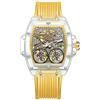 FORSINING Orologi da uomo meccanici automatici scheletro tonneau forma grande quadrante moda orologio da polso per uomo vestito da affari cinturino in silicone, Giallo, cinturino