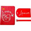 LesBri Homemade Creations Porta Passaporto Personalizzabile con Etichetta Valigia, Design Mappamondo con Aerei, 11.0 x 14.5 cm, Tema Viaggio (Rosso)