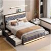 KeepGoon Letto matrimoniale 180 x 200 cm, letto imbottito con 4 cassetti in ferro, porta USB lunga e barra per lampada da comodino, letto con rete a doghe in lino, testiera regolabile