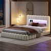 BSCFHCZ Letto King Size 180x200 con Contenitore Idraulico, Letto Imbottito con LED e USB, Struttura Letto Matrimoniale Grande con Testiera Portaoggetti, Beige, Lino (Senza Materasso)