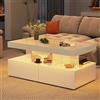 Plcnn Tavolino con luci a LED, tavolino da salotto con 2 cassetti e vano aperto, tavolino laccato per soggiorno, ufficio, sala, 104x53x46 cm (bianco)