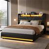 KEFSR Letto matrimoniale 160 x 200 cm con LED RGB, contenitore sollevatore a gas e porte USB, struttura a doghe in legno rinforzato, testiera imbottita in poliuretano nero, non necessita di molle
