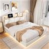 BAJKNIU 140x200 cm Letto matrimoniale imbottito con luci LED e porta USB, letto sospeso con testiera contenitore in similpelle, base a doghe in legno, senza materasso (beige, 140 x 200 cm)