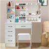 LIANWANG Toeletta, Tavolo da Trucco con Specchio e Luci LED, 3 Temperature di Colore, 6 Cassetti, 2 Ripiani Aperte, 1 Sgabello, Bianco, 3056D718