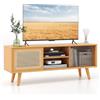 KOMFOTTEU Mobile TV in bambù, Panca TV con 2 Armadi a porta, Tavolo TV, Scaffale aperto a 2 livelli e porta scorrevole in vetro, per TV fino a 55, 120,5 x 31 x 45,5 cm (naturale)