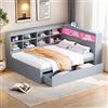 Trdlpyn Divano Letto 140 * 200cm con Presa USB e striscia luminosa a LED, Letto Matrimoniale con Cassetti e Vani Portaoggetti, Divano in Legno Massello, Rete a doghe(Materasso non incluso)