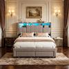 JiaOyu Letto imbottito 140x200 cm con testiera LED e ricarica USB, 2 cassetti e archiviazione, schienale per ragazzi, matrimoniale con rivestimento in lino grigio