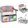 GYMAX Panchina Attività Convertibile per Bambini, Panca Giocattolo 3 in 1 con Braccioli Incorporati e 2 Cestini in Tessuto Rimovibili, Tavolo-Panca per Sale Giochi (Grigio e Bianco)