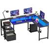 YOUDENOVA Scrivania angolare con cassetti, scrivania a forma di L, 168 x 100 cm, tavolo da gioco con scrivania per computer a LED, con presa di corrente e porta di ricarica USB, colore: nero