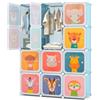 RELAX4LIFE Armadio Modulare a 8/12 Cubi per Bambini con 2 Barre Appendiabiti, 8/12 Ante, Mobile Salvaspazio per Cameretta e Asilo Nido, Portata di Ogni Cubo 10 KG (Animale-12 Cubi,Blu)