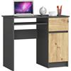 AKORD PIKSEL Piccolo scrivanio grigio grafite 90 cm destro 1 porta 1 cassetto frontale in rovere artigianale 3 ripiani L90 x H50 x P77 cm