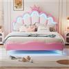 Huyuee Letto matrimoniale principesse 140 x 200 cm con illuminazione a LED - Letto imbottito a forma di corona in pelle PU, altezza regolabile, rosa mondo dei sogni, portata fino a 200 kg