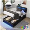 Wyibwy Letto imbottito 90 x 200 cm,Letto di stoccaggio idraulico,letto singolo con illuminazione a LED e USB (ricarica wireless e via cavo), Materiale PU,per Bambini e adulti,Nero