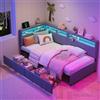UwvEranthropy Letto angolare imbottito 90x200 cm con illuminazione a LED e USB-C, divano letto a L con 2 cassetti e ripiano contenitore, letto funzionale con base a doghe