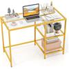 COSTWAY Scrivania con 2 Ripiani, Scrivania in Vetro Temperato e Acciaio, Scrittoio Salvaspazio e Moderno, Tavolo Versatile per Ingresso, Camera da Letto e Studio 106 x 51 x 77 cm (Oro)