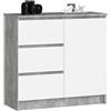 AKORD | Cassettiera K-80 JERRY con 3 Cassetti | Armadio Cameretta con 2 Ripiani e 1 Anta | Moderna Mobiletto per Soggiorno | Moderno | 80x77x35 cm | Cemento + Frontale Bianco