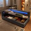Lubvtti Divano letto 90x200 cm, testiera ad L con striscia luminosa a LED, Divano letto con contenitore idraulico, Letto singolo 90×200 con porta USB, Tessuto di lino, Grigio (materasso non incluso)