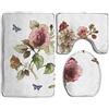 Meius Tappeto da bagno a forma di fiore shabby chic rose boccioli foglie tulipani dettagli floreali farfalla 3 pezzi tappetino da bagno contorno tappeto e coperchio