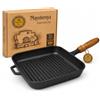 Maysternya Padella Grill in Ghisa con Manico in Legno - 28 x 28 x 4 cm - Bistecchiera per BBQ & Griglia - Compatibile con tutte le fonti di calore (inclusa induzione) - Senza PFAS - Nero