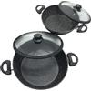 KORAT Set Tegami 10 pz con Coperchi in Vetro + Bistecchiera 26 cm, Fondo in Pietra Antiaderente, Piano Induzione e Gas, Padella per Cucinare, Cucina, Frittura, Fondo 24 e 28 h. 6cm + 5 Mestoli omaggio