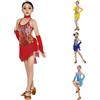 Generico Vestito Latino Americano Bambina Abito da Ballo con Paillettes e Frange Body con Gonna Set con Manicotti e Collana Costume di Danza per Gara Spettacolo Vestiti Ballerine per (Red, 10-12 Years)
