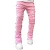 Wonyier Jeans da Uomo Elasticizzati Skinny impilati Strappati Jeans Distrutti Slim Fit Patch Y2K Pantaloni in Denim Slim Fit Pantaloni Streetwear, Rosa, M