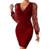 Generic Abito da donna in velluto con paillettes a maniche lunghe mini abito avvolgente scollo a V Glitter increspato vestito da nuoto body suit pantaloni da donna, Rosso, XL