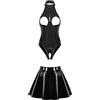 MSemis Donna Babydoll Camicia da Notte Pelle Wetlook Bodysuit Aperto con Minigonna Lucida Body Aperto Erotico Completo Intimo Sexy Hot per Sesso Latex Catsuit Pigiama Nero S