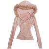 Yancremio Moda Donna Retro Street Trend Felpa Slim con Colletto in Pelliccia Sintetica Y2K Primavera E Autunno Leggera per Sport All'Aperto Punk Gotico in Velluto (Rosa,S)