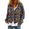Onsoyours Cardigan Donna Autunno Inverno Chic Scollo A V Cappotto in Maglia Stampa Manica Lunga Giacca Elegante Sciolto Bottoni Maglione Casual Outwear Sweater Tops A02 Blu S