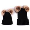 SMTCM 2 berretti per genitori e bambini, a maglia, per la mamma, per bambini, colore nero, per la famiglia, in pelliccia, con pompon, con pompon a maglia, per bambini, mamma, figlia, figlio, berretto