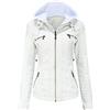 DISSA Giacca da donna in pelle sintetica, stile biker, corta, con cappuccio, zip, per primavera e autunno, C6699N, bianco, 48