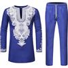 Generisch Abito musulmano Uomo Commercio Estero Stile Etnico Abito Con Oro Manica Lunga Pantaloni Middle East Thobe Casual Caftano Dubai Arabo Abbigliamento Islamico Costume Blu Africano Stampa Abiti, R blu., L