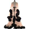 WellingA Vestaglia Sexy con Piume Trasparenti Abito da Donna Taglie Forti Indumenti Notte Abito Lungo Pizzo Kimono Abito Notte Vestaglia Maniche Lunghe Tulle con Foglie Loto Finiture,Beige